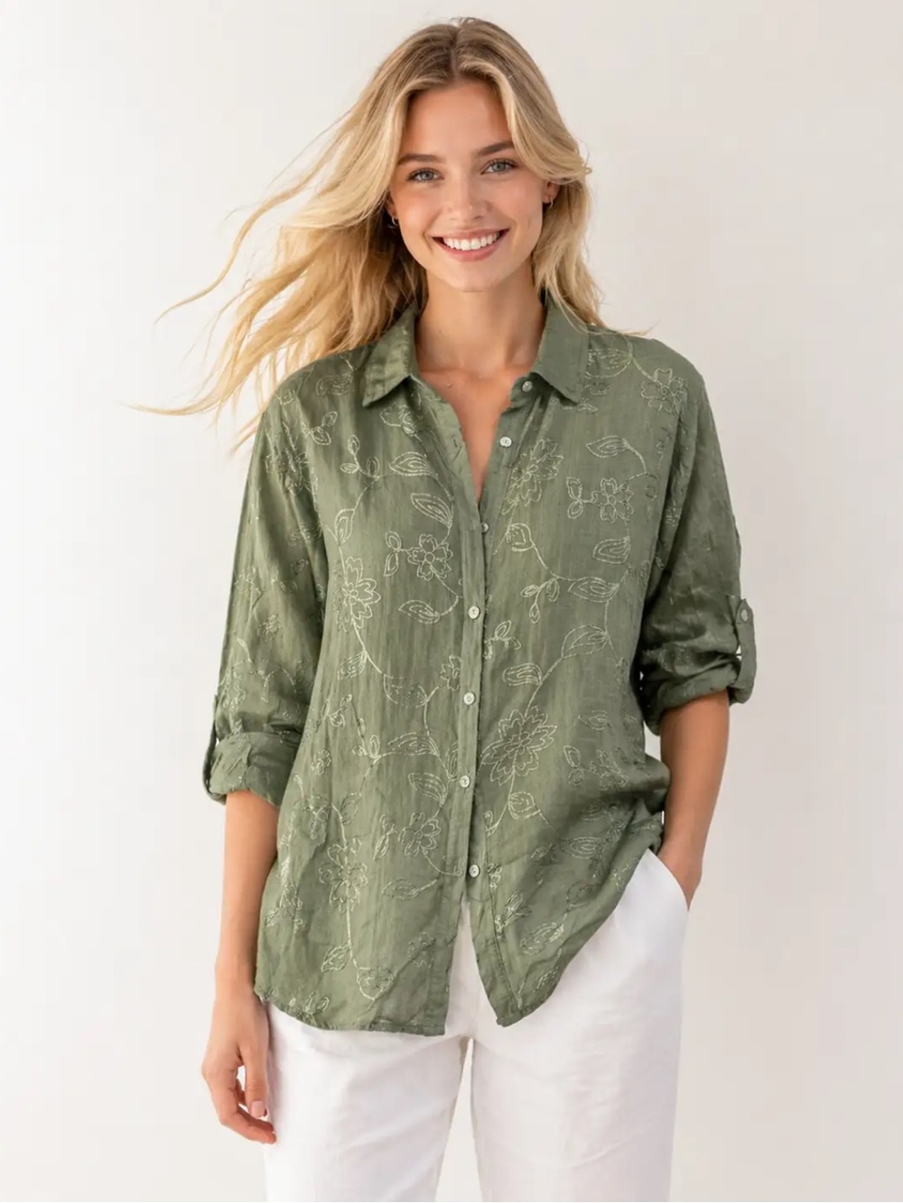 Tradition Olive Green Embroidered Button-Down Shirt 10